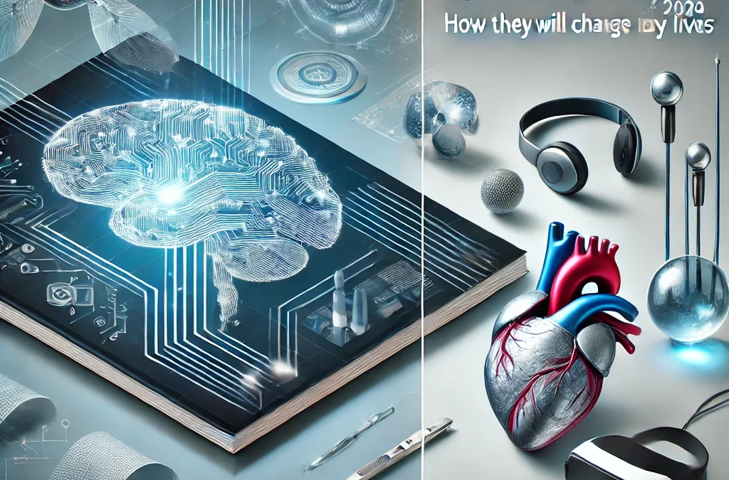 صورة غلاف مستقبلية لمقال بعنوان 'أبرز الابتكارات التكنولوجية لعام 2024: كيف ستغير حياتنا اليومية؟'، تتضمن عناصر مثل دماغ رقمي يمثل الذكاء الاصطناعي، سماعة واقع افتراضي، وعضو مطبوع بتقنية ثلاثية الأبعاد. الخلفية بتصميم عصري وألوان متدرجة من الأزرق والفضي، تعكس موضوع التكنولوجيا المتقدمة.