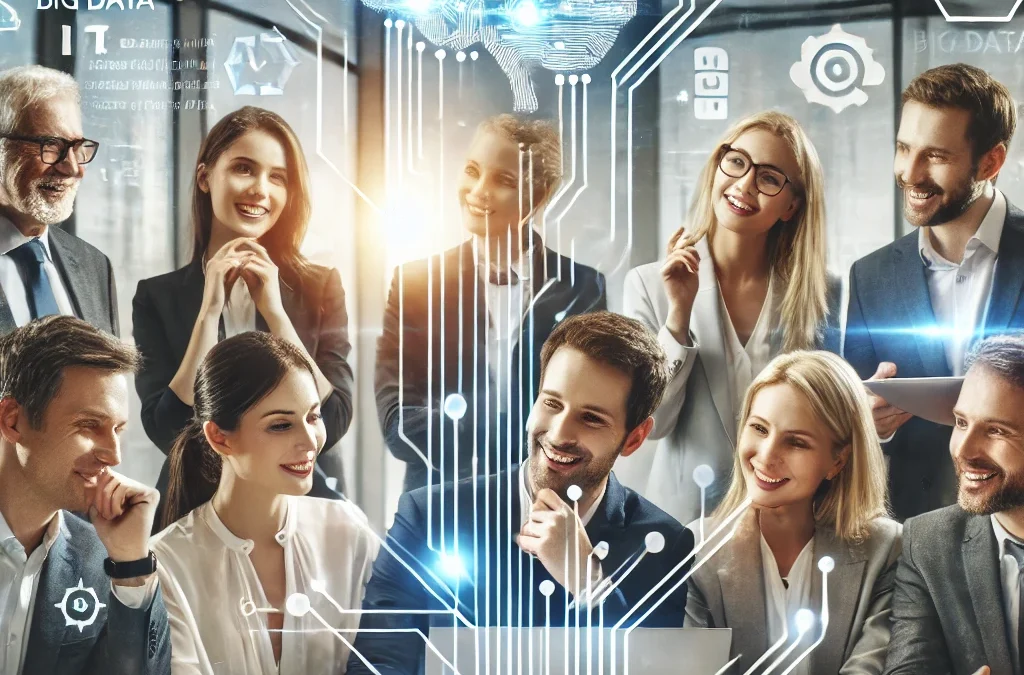 مجموعة من المهنيين يعملون معًا، مع رموز التكنولوجيا الحديثة في الخلفية مثل الذكاء الاصطناعي والبيانات الضخمة.