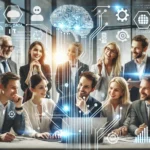 مجموعة من المهنيين يعملون معًا، مع رموز التكنولوجيا الحديثة في الخلفية مثل الذكاء الاصطناعي والبيانات الضخمة.