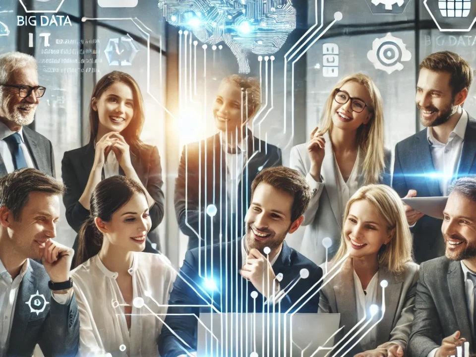 مجموعة من المهنيين يعملون معًا، مع رموز التكنولوجيا الحديثة في الخلفية مثل الذكاء الاصطناعي والبيانات الضخمة.