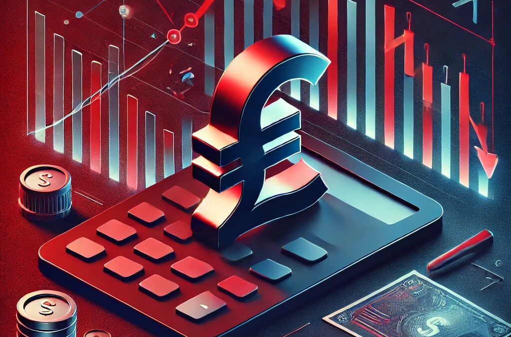 A cover image for an article titled 'How Currency Devaluation Affects the Local Economy and Possible Solutions', featuring a declining currency symbol, a graph showing economic decline, and a background with shades of red and dark blue representing financial instability
