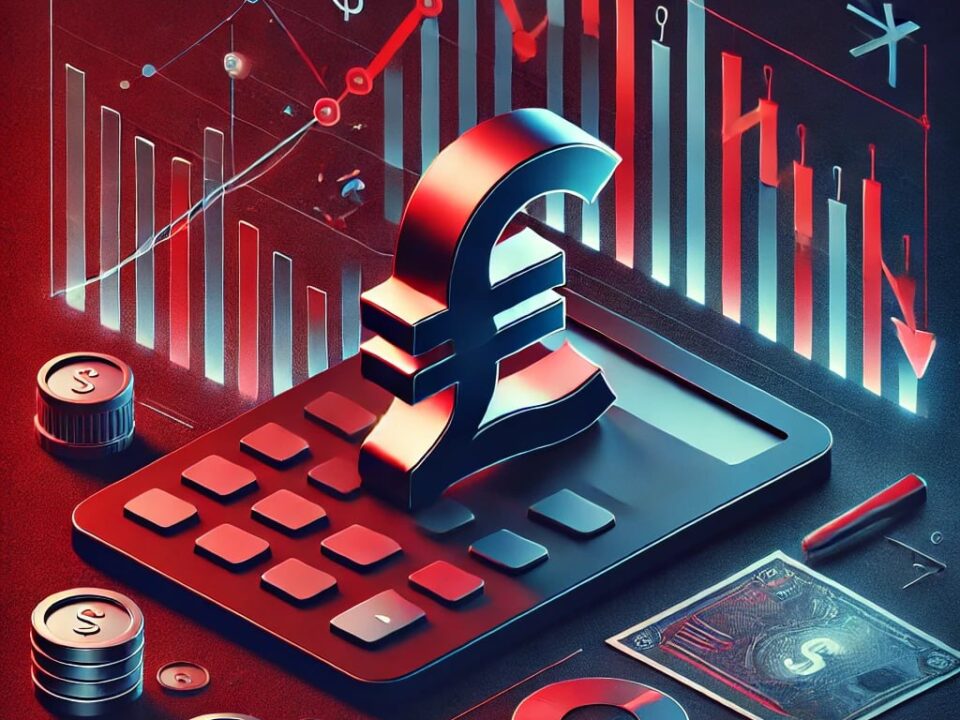 A cover image for an article titled 'How Currency Devaluation Affects the Local Economy and Possible Solutions', featuring a declining currency symbol, a graph showing economic decline, and a background with shades of red and dark blue representing financial instability