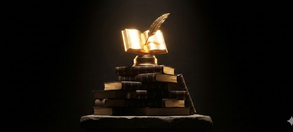 صورة تعبيرية لكأس جوائز غودريدز الذهبية مع مجموعة من الكتب الفائزة لعام 2025، تعبر عن أفضل الروايات والكتب العالمية.